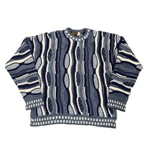 Vintage Atlas 3D Knit Sweater Mens Large Blue Abstract Textured Coogi Style USA